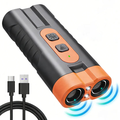 Upgraded Dual-Head Sonic Dog Repeller and Ultrasonic Bark Stopper Flashlight - 2-in-1 Rechargeable Portable Bark Control Device for Pet Owners and Dog Walkers