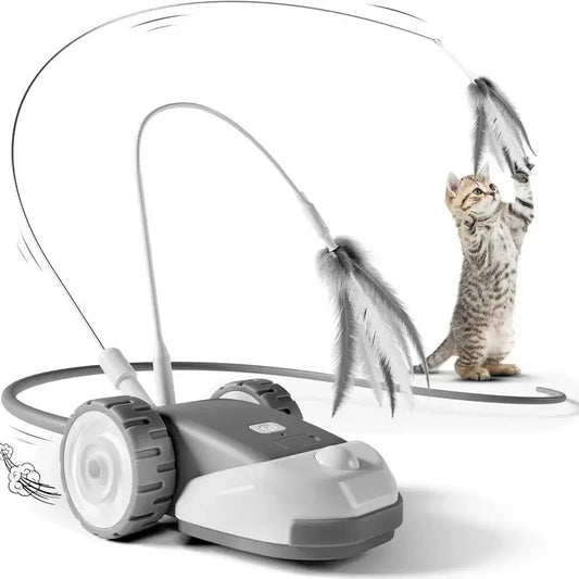 3-in-1 Interactive Cat Toy with Automatic Moving Mouse, Two-Speed Settings, Hanging Feather Strings, and Wiggly Silicone Tail for Indoor Cats and Kittens