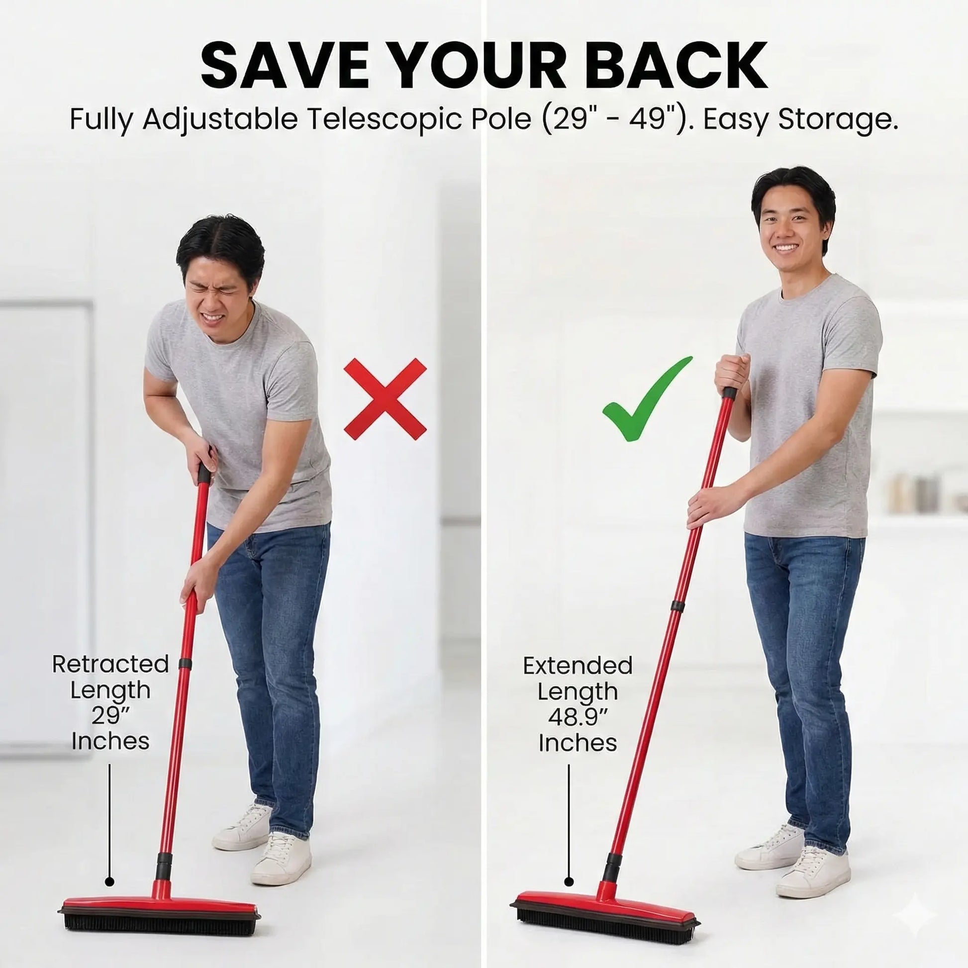 Professional Pet Hair Removal Broom with Squeegee and Rubber Bristles - Adjustable Long Handle Cleaning Tool for Carpets, Hardwood, Tile, and Windows