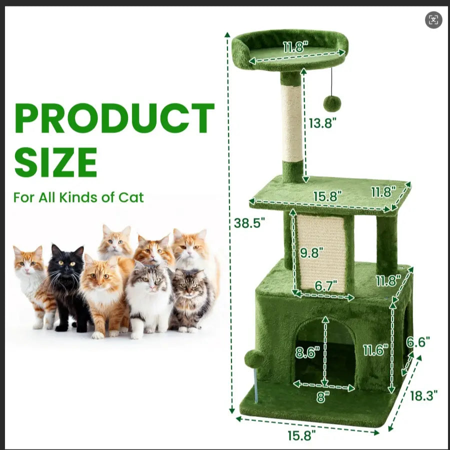 Wecharmer Indoor Cat Tree with Green Leaves - Plush Condo and Scratching Posts with Hanging Ball