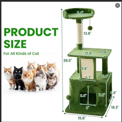 Wecharmer Indoor Cat Tree with Green Leaves - Plush Condo and Scratching Posts with Hanging Ball
