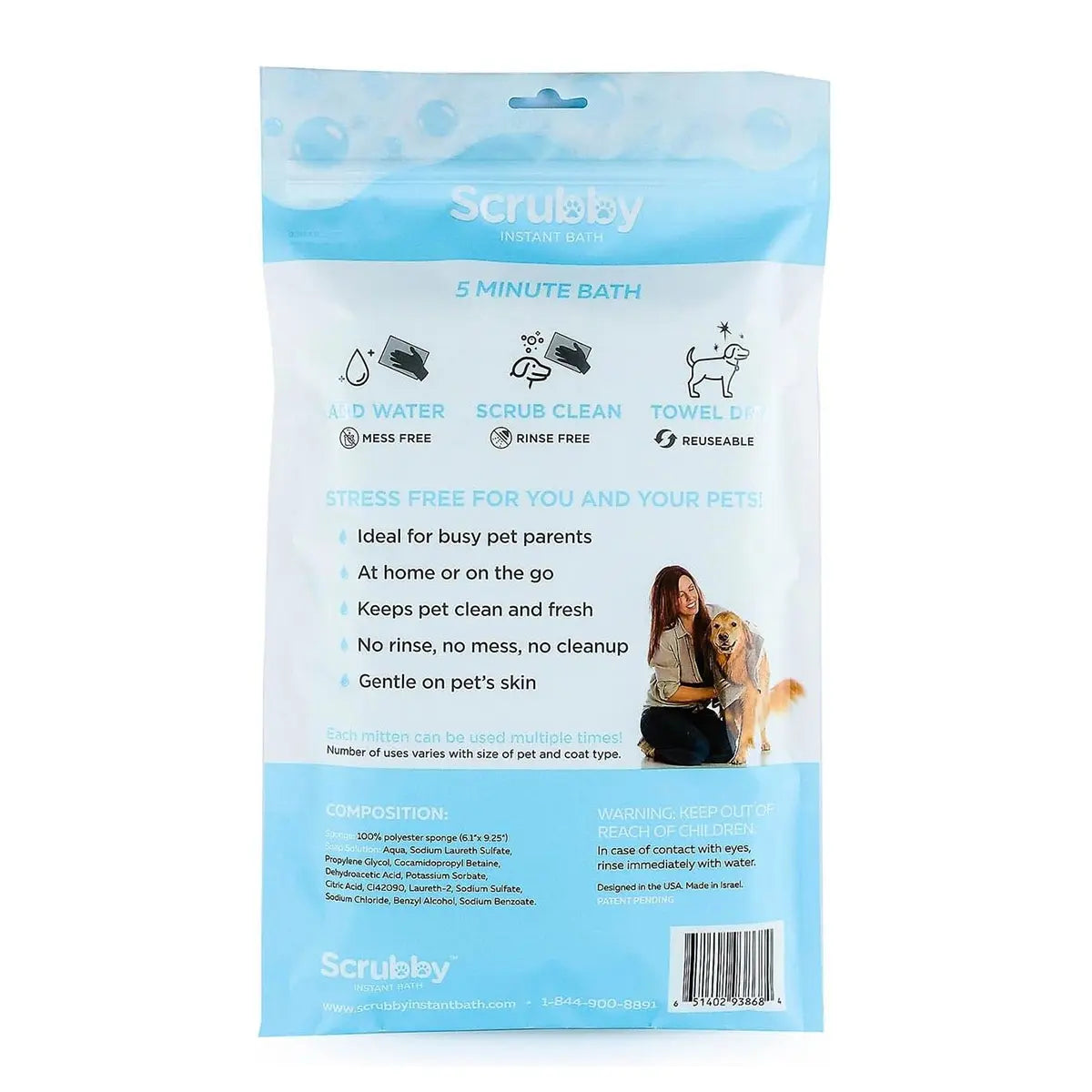 Rinse-Free Shampoo Mittens for Dogs - Hypoallergenic Bath Wipes for Pet Grooming, No Rinse Wash Mitts, 5 Pack
