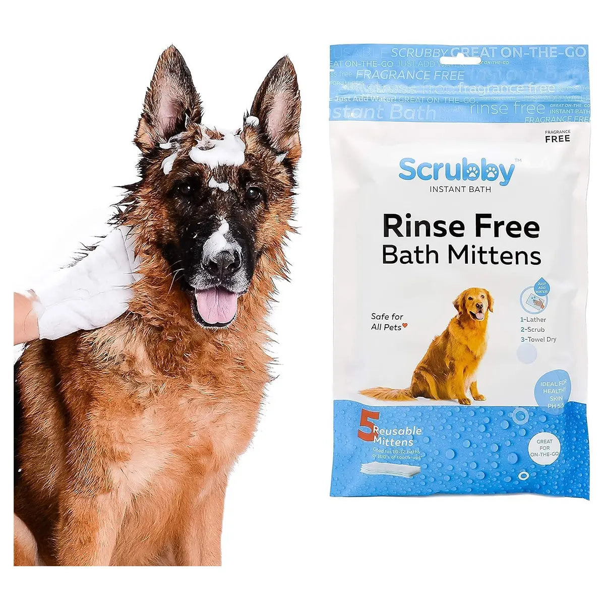 Rinse-Free Shampoo Mittens for Dogs - Hypoallergenic Bath Wipes for Pet Grooming, No Rinse Wash Mitts, 5 Pack