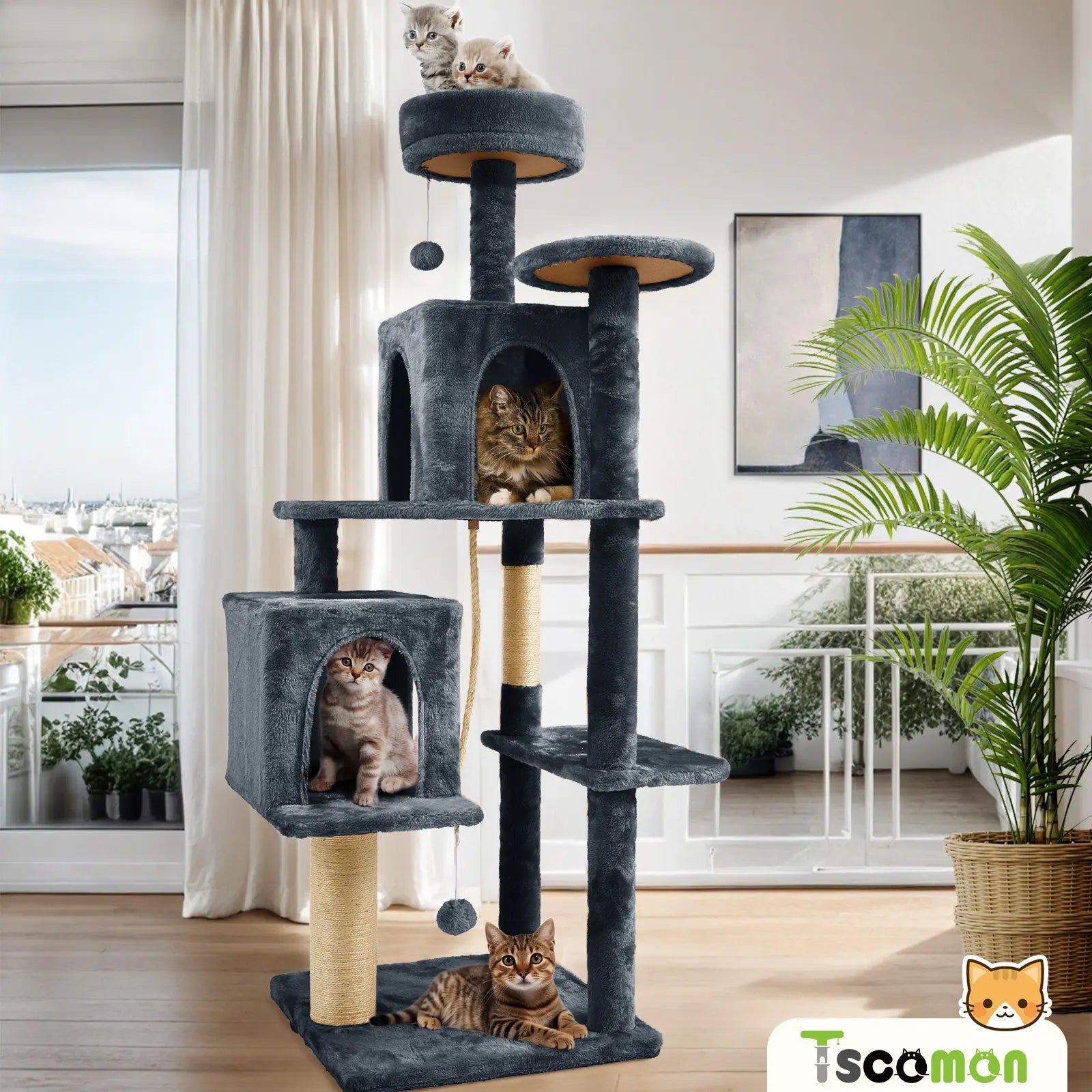 Wecharmer Indoor Cat Tree with Green Leaves - Plush Condo and Scratching Posts with Hanging Ball