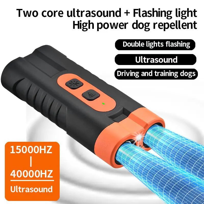 Upgraded Dual-Head Sonic Dog Repeller and Ultrasonic Bark Stopper Flashlight - 2-in-1 Rechargeable Portable Bark Control Device for Pet Owners and Dog Walkers