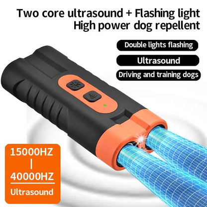 Upgraded Dual-Head Sonic Dog Repeller and Ultrasonic Bark Stopper Flashlight - 2-in-1 Rechargeable Portable Bark Control Device for Pet Owners and Dog Walkers