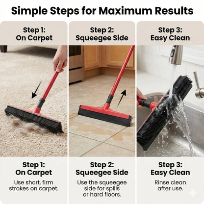 Professional Pet Hair Removal Broom with Squeegee and Rubber Bristles - Adjustable Long Handle Cleaning Tool for Carpets, Hardwood, Tile, and Windows