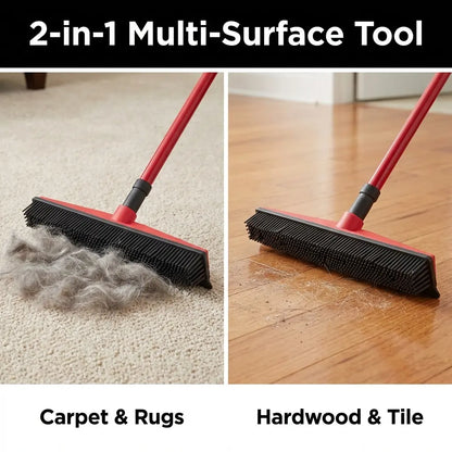 Professional Pet Hair Removal Broom with Squeegee and Rubber Bristles - Adjustable Long Handle Cleaning Tool for Carpets, Hardwood, Tile, and Windows