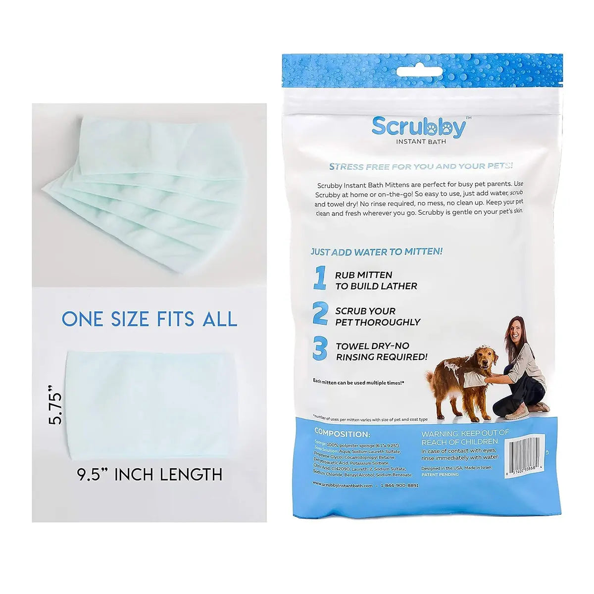 Rinse-Free Shampoo Mittens for Dogs - Hypoallergenic Bath Wipes for Pet Grooming, No Rinse Wash Mitts, 5 Pack
