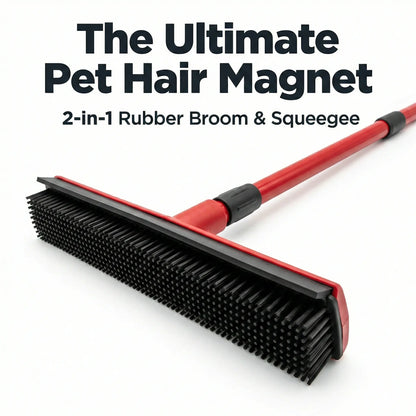 Professional Pet Hair Removal Broom with Squeegee and Rubber Bristles - Adjustable Long Handle Cleaning Tool for Carpets, Hardwood, Tile, and Windows