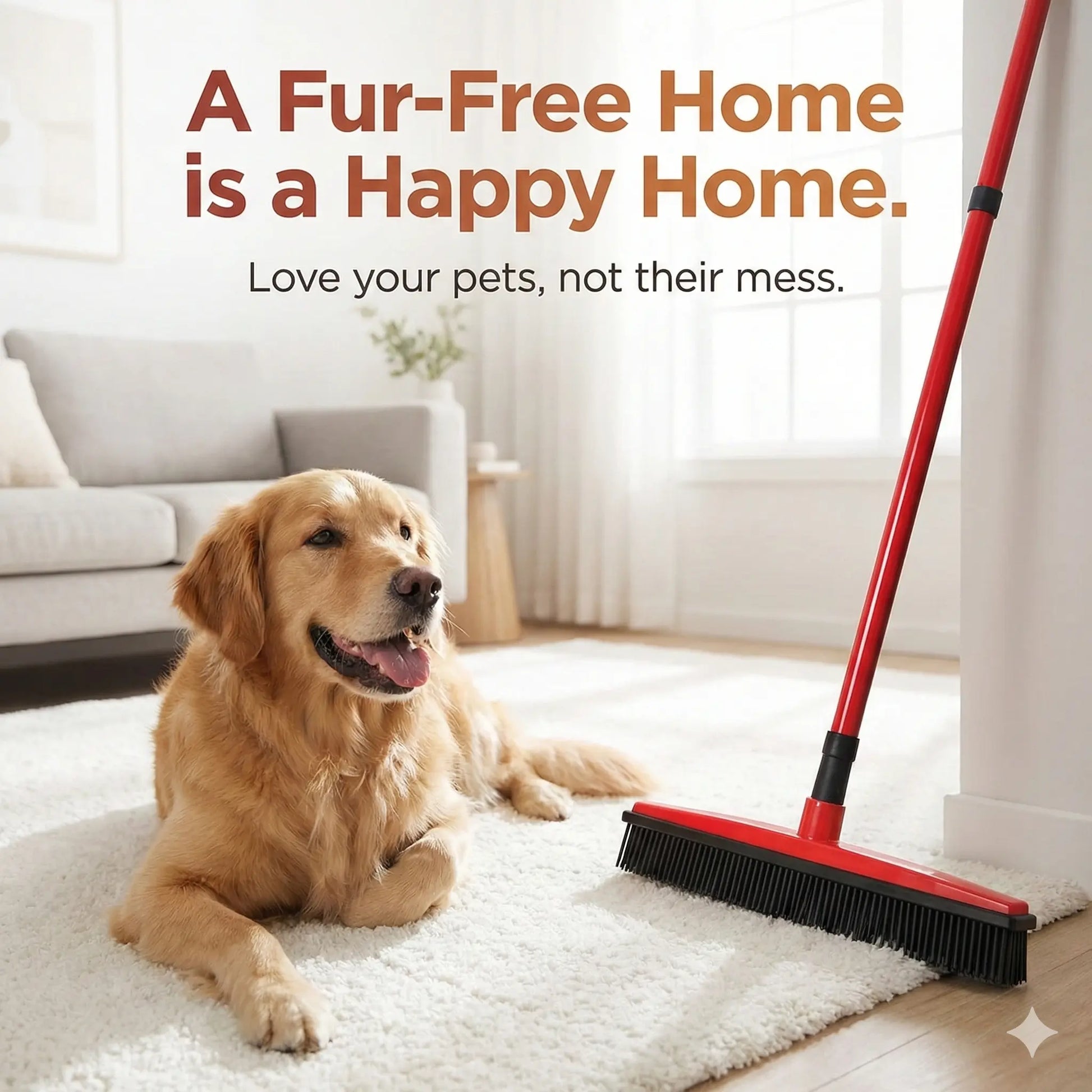 Professional Pet Hair Removal Broom with Squeegee and Rubber Bristles - Adjustable Long Handle Cleaning Tool for Carpets, Hardwood, Tile, and Windows
