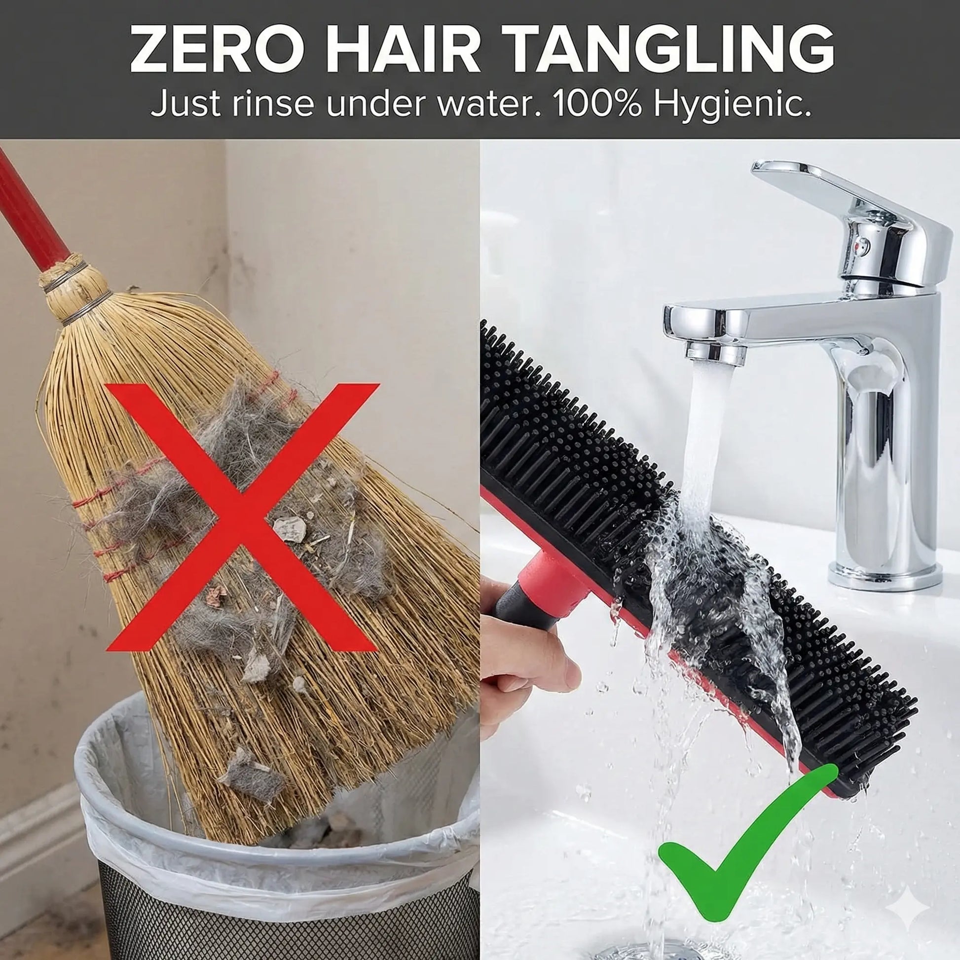 Professional Pet Hair Removal Broom with Squeegee and Rubber Bristles - Adjustable Long Handle Cleaning Tool for Carpets, Hardwood, Tile, and Windows