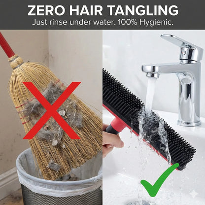 Professional Pet Hair Removal Broom with Squeegee and Rubber Bristles - Adjustable Long Handle Cleaning Tool for Carpets, Hardwood, Tile, and Windows