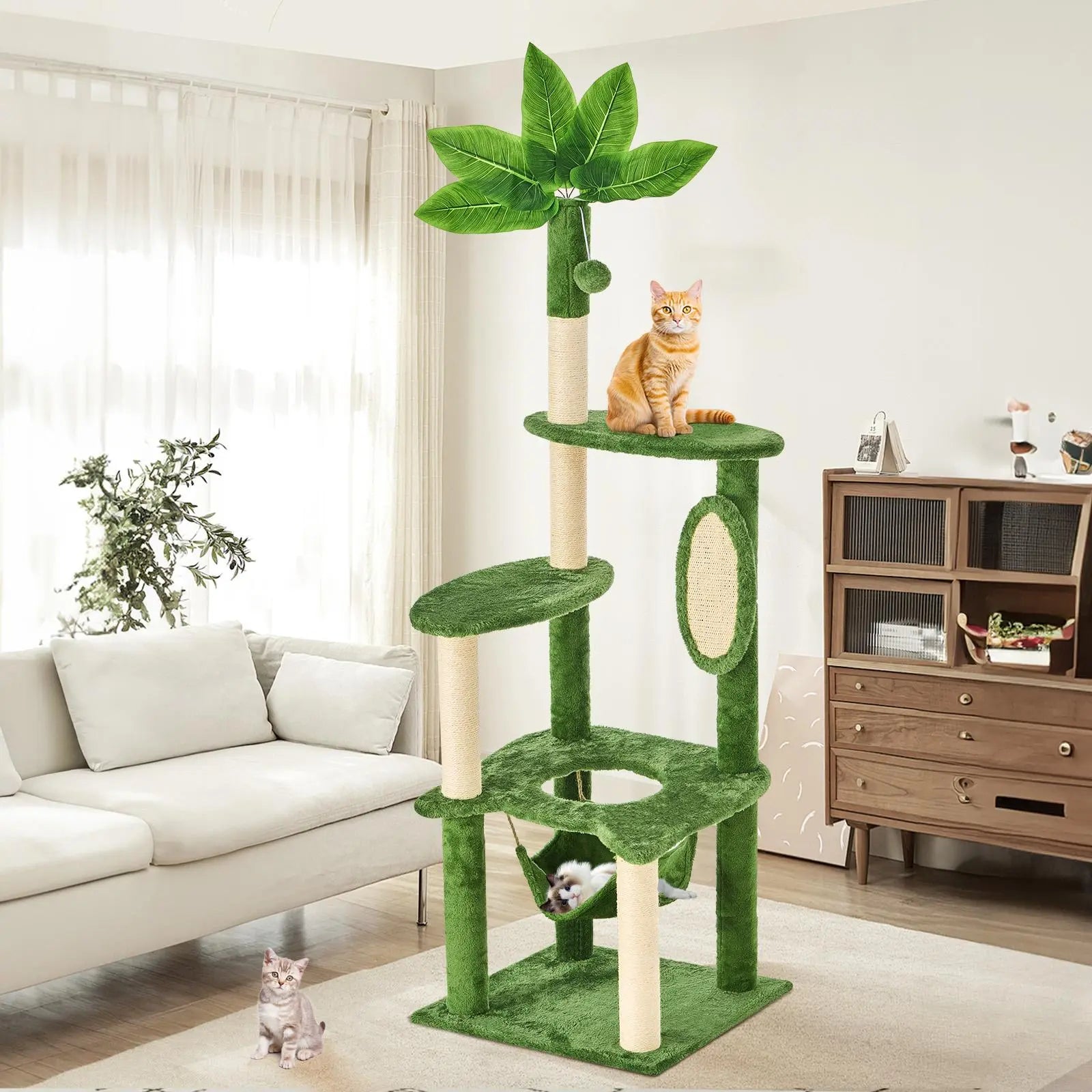 Wecharmer Indoor Cat Tree with Green Leaves - Plush Condo and Scratching Posts with Hanging Ball
