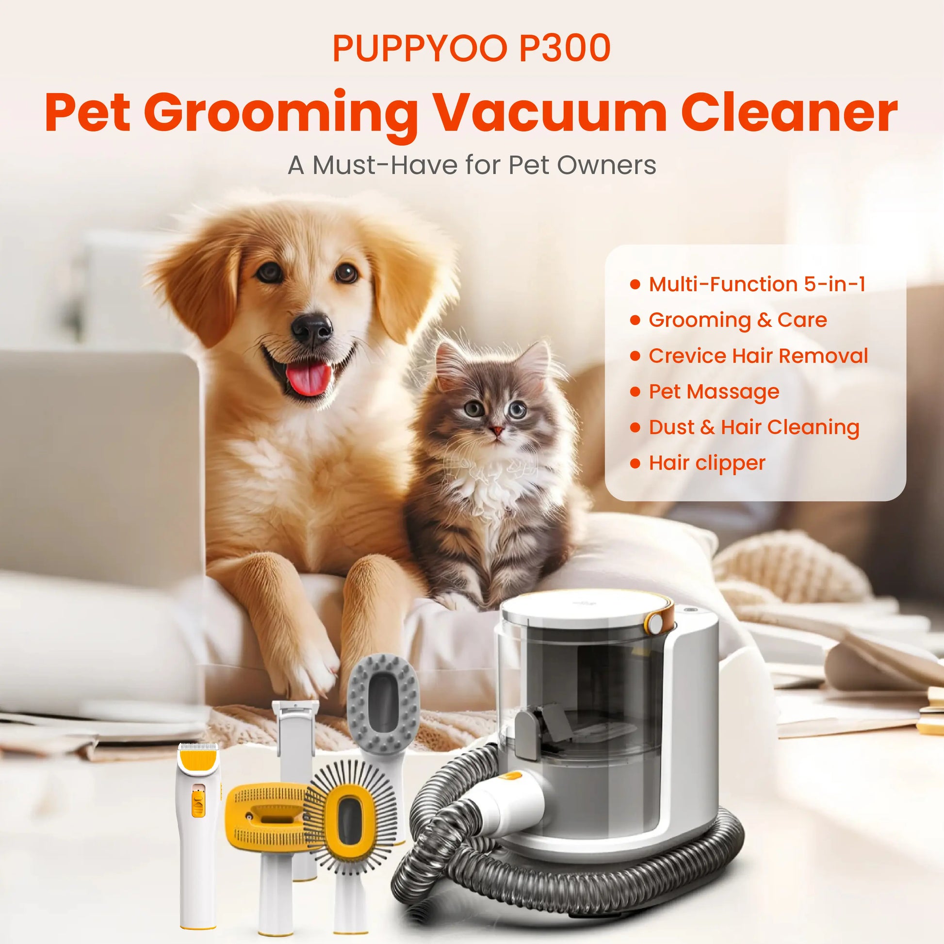 PUPPYOO 5-in-1 Pet Grooming Kit with 13000Pa Vacuum, 1.5L Dust Cup, 4M Cord, Whisper-Quiet Operation, Adjustable Guard Combs, and Hair Remover Roller for Dogs and Cats