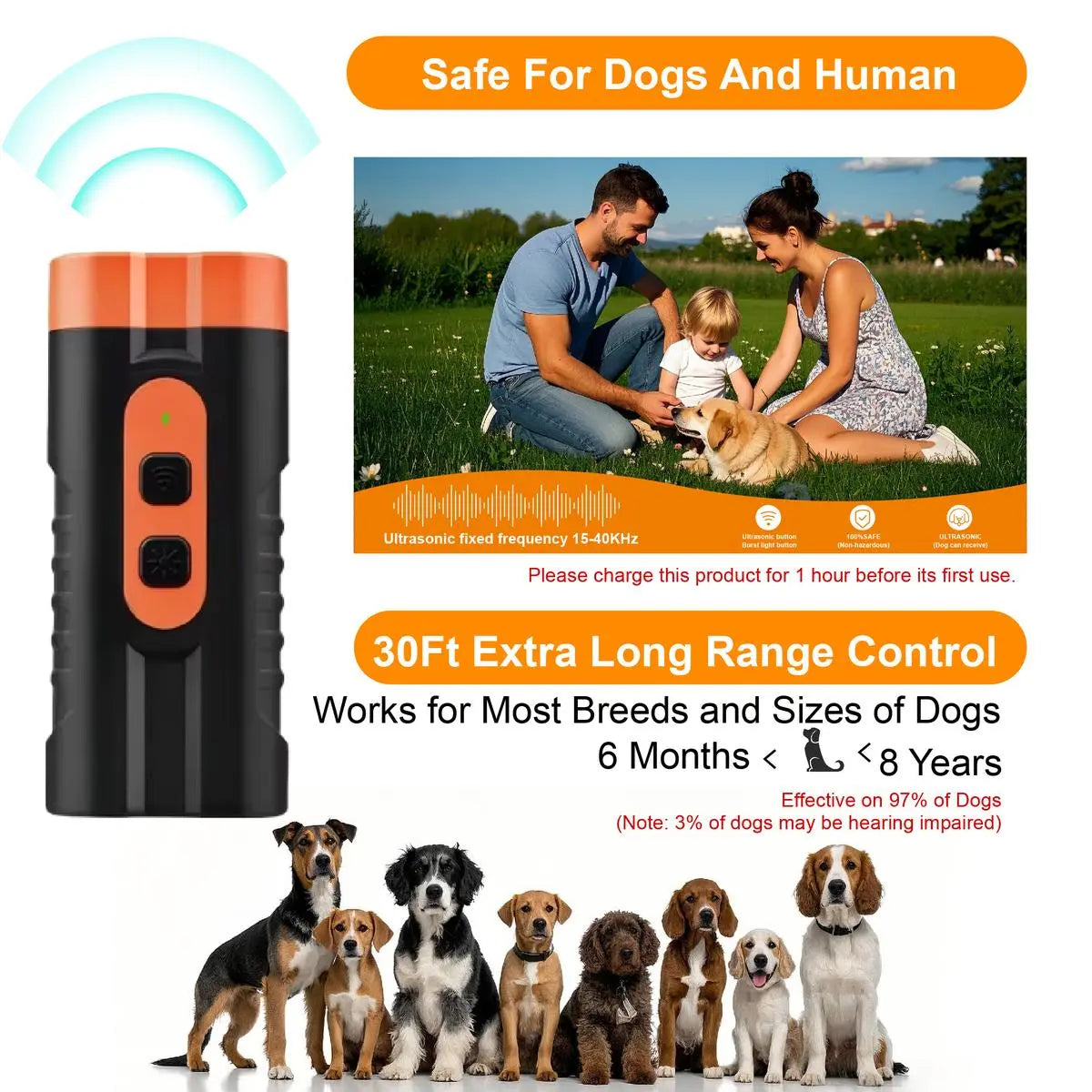 Upgraded Dual-Head Sonic Dog Repeller and Ultrasonic Bark Stopper Flashlight - 2-in-1 Rechargeable Portable Bark Control Device for Pet Owners and Dog Walkers