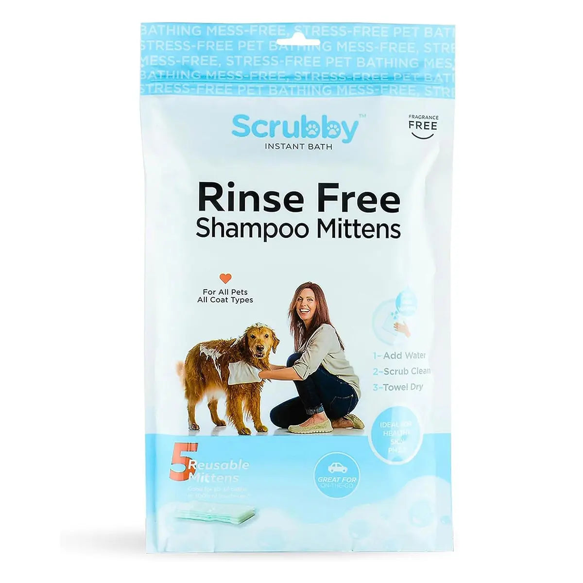 Rinse-Free Shampoo Mittens for Dogs - Hypoallergenic Bath Wipes for Pet Grooming, No Rinse Wash Mitts, 5 Pack